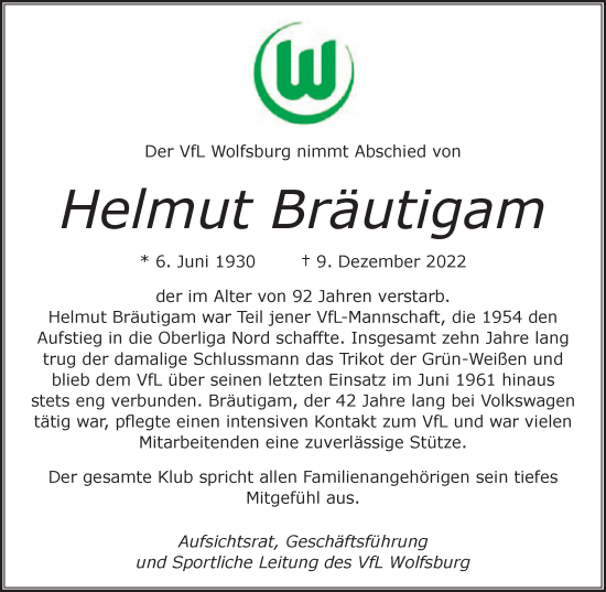 Traueranzeige von Helmut Bräutigam von Wolfsburger Nachrichten