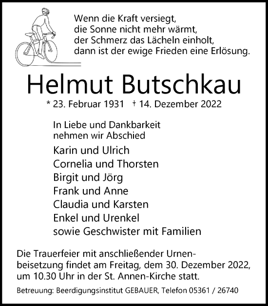 Traueranzeige von Helmut Butschkau von Wolfsburger Nachrichten