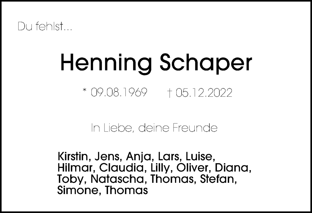  Traueranzeige für Henning Schaper vom 10.12.2022 aus Braunschweiger Zeitung