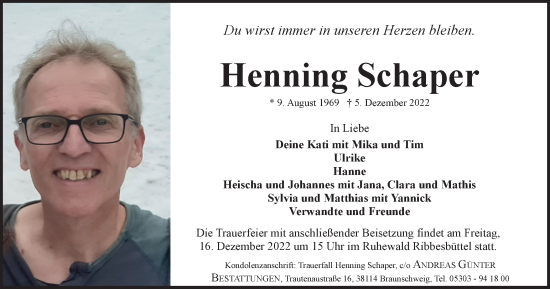 Traueranzeige von Henning Schaper von Braunschweiger Zeitung