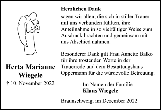 Traueranzeige von Herta Marianne Wiegele von Braunschweiger Zeitung