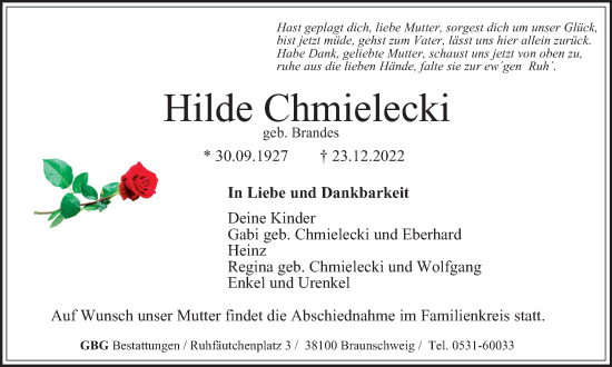 Traueranzeige von Hilde Chmielecki von Braunschweiger Zeitung
