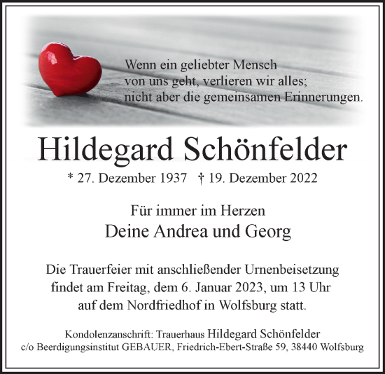 Traueranzeige von Hildegard Schönfelder von Wolfsburger Nachrichten