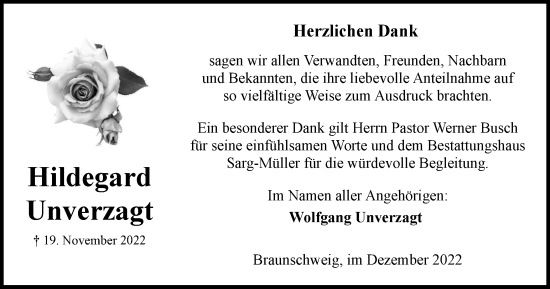 Traueranzeige von Hildegard Unverzagt von Braunschweiger Zeitung