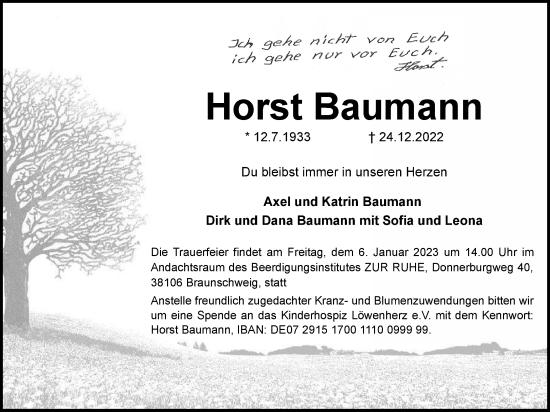 Traueranzeige von Horst Baumann von Braunschweiger Zeitung