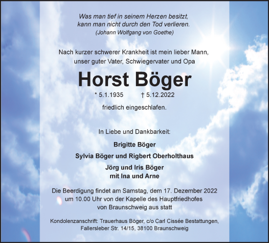 Traueranzeige von Horst Böger von Braunschweiger Zeitung