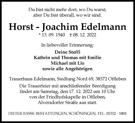 Traueranzeige von Horst-Joachim Edelmann von Helmstedter Nachrichten