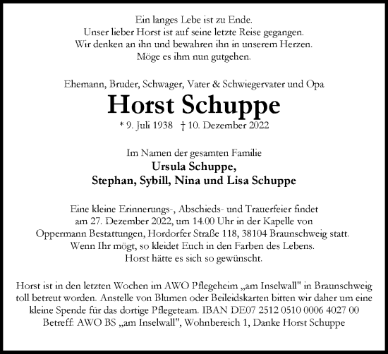Traueranzeige von Horst Schuppe von Braunschweiger Zeitung