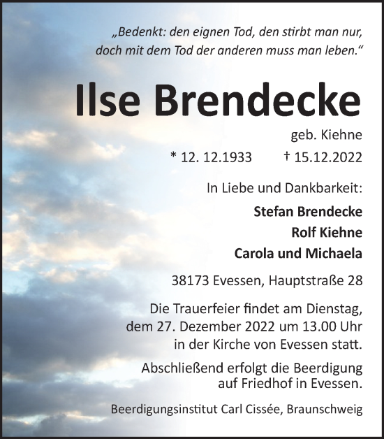 Traueranzeige von Ilse Brendecke von Wolfenbütteler Zeitung