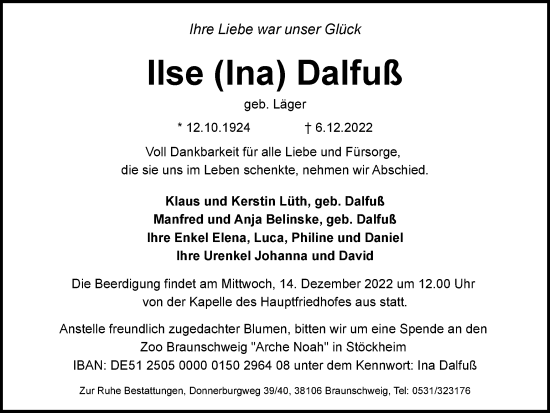 Traueranzeige von Ilse Dalfuß von Braunschweiger Zeitung