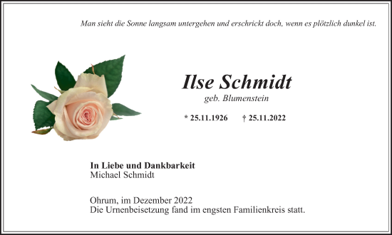 Traueranzeige von Ilse Schmidt von Wolfenbütteler Zeitung