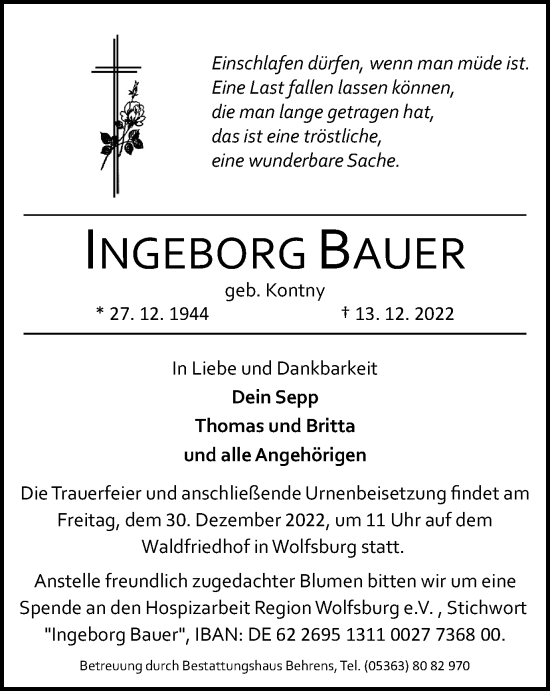 Traueranzeige von Ingeborg Bauer von Wolfsburger Nachrichten