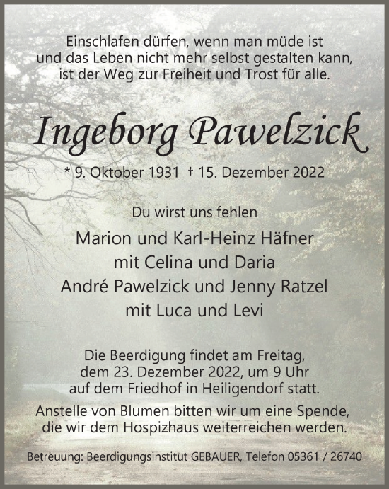 Traueranzeige von Ingeborg Pawelzick von Wolfsburger Nachrichten
