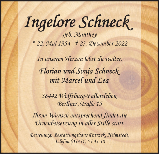 Traueranzeige von Ingelore Schneck von Helmstedter Nachrichten