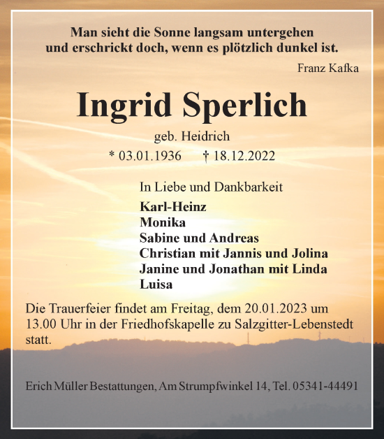 Traueranzeige von Ingrid Sperlich von Salzgitter-Zeitung