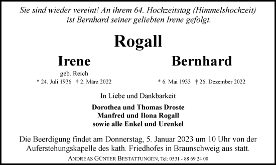 Traueranzeige von Irene und Bernhard Rogall von Braunschweiger Zeitung