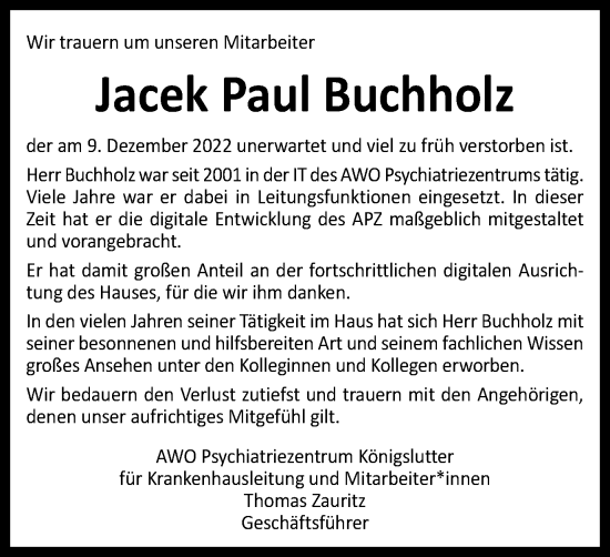 Traueranzeige von Jacek Paul Buchholz von Helmstedter Nachrichten