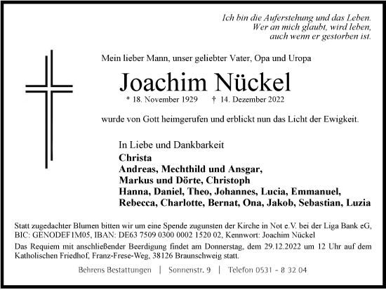 Traueranzeige von Joachim Nückel von Braunschweiger Zeitung