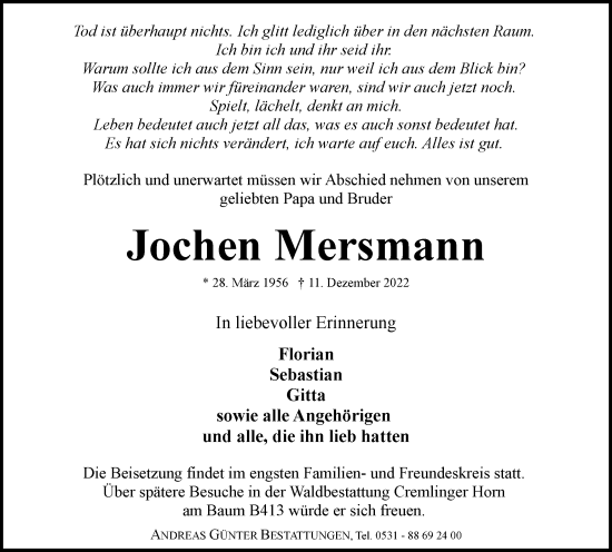 Traueranzeige von Jochen Mersmann von Braunschweiger Zeitung