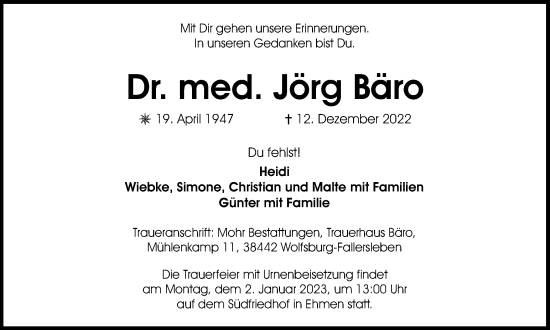 Traueranzeige von Jörg Bäro von Wolfsburger Nachrichten