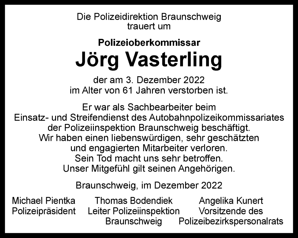  Traueranzeige für Jörg Vasterling vom 08.12.2022 aus Braunschweiger Zeitung