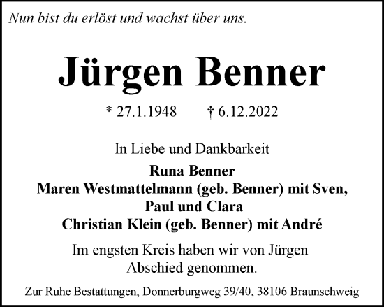 Traueranzeige von Jürgen Benner von Braunschweiger Zeitung