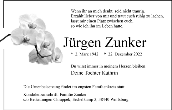 Traueranzeige von Jürgen Zunker von Wolfsburger Nachrichten
