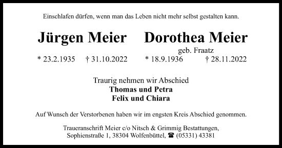 Traueranzeige von Jürgen und Dorothea Meier von Braunschweiger Zeitung