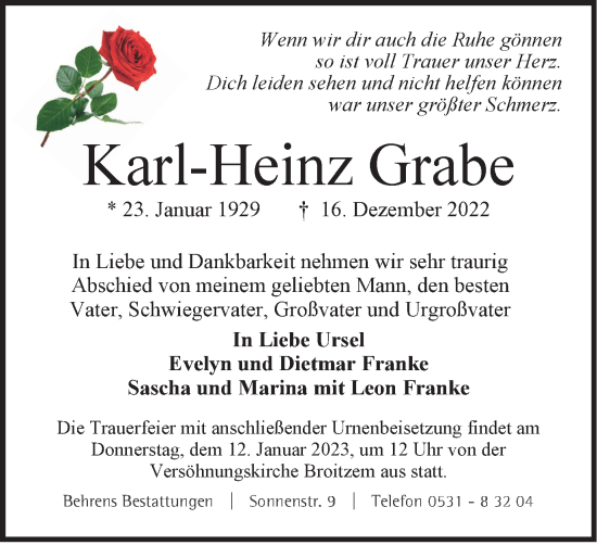Traueranzeige von Karl-Heinz Grabe von Braunschweiger Zeitung