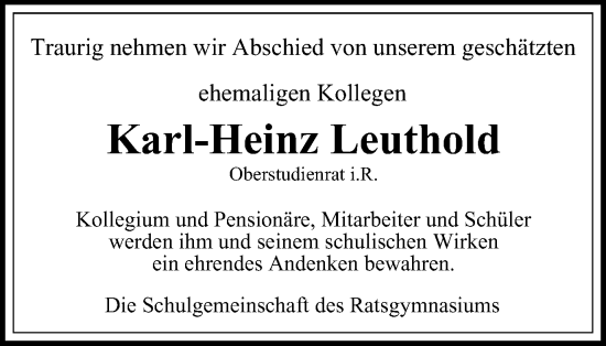 Traueranzeige von Karl-Heinz Leuthold von Wolfsburger Nachrichten