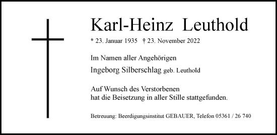 Traueranzeige von Karl-Heinz Leuthold von Wolfsburger Nachrichten