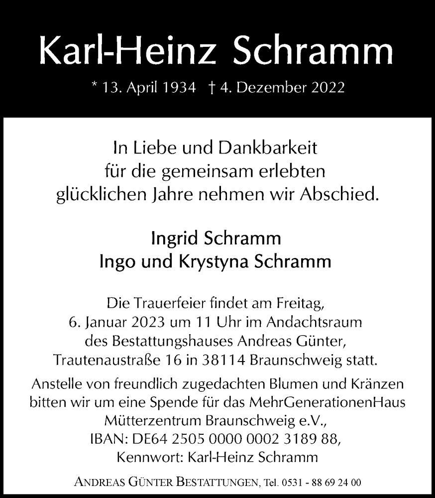 Traueranzeige für Karl-Heinz Schramm vom 30.12.2022 aus Braunschweiger Zeitung