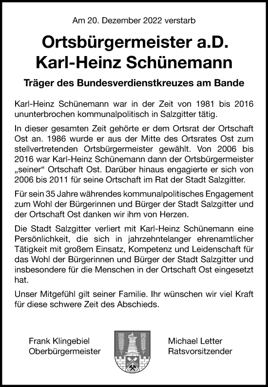 Traueranzeige von Karl-Heinz Schünemann von Salzgitter-Zeitung