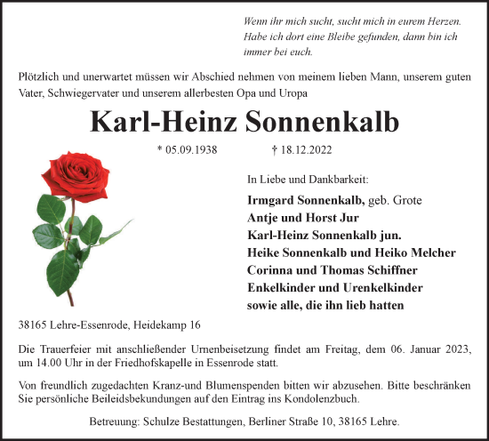 Traueranzeige von Karl-Heinz Sonnenkalb von Helmstedter Nachrichten
