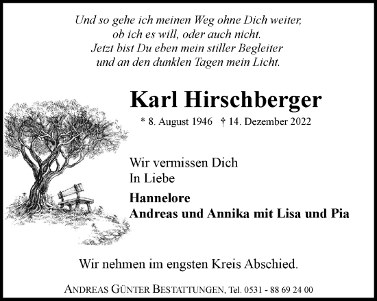 Traueranzeige von Karl Hirschberger von Braunschweiger Zeitung