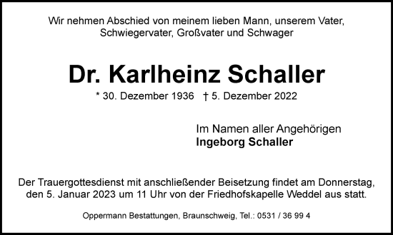 Traueranzeige von Karlheinz Schaller von Braunschweiger Zeitung