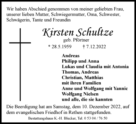 Traueranzeige von Kirsten Schultze von Braunschweiger Zeitung