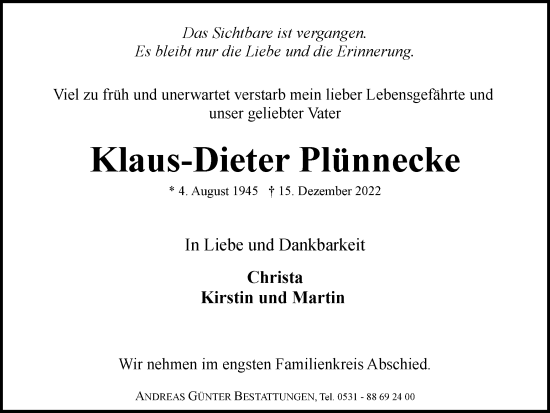 Traueranzeige von Klaus-Dieter Plünnecke von Braunschweiger Zeitung