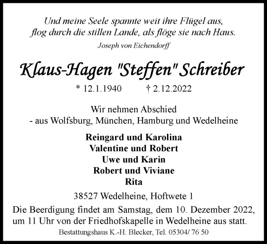 Traueranzeige von Klaus-Hagen Schreiber von Wolfsburger Nachrichten