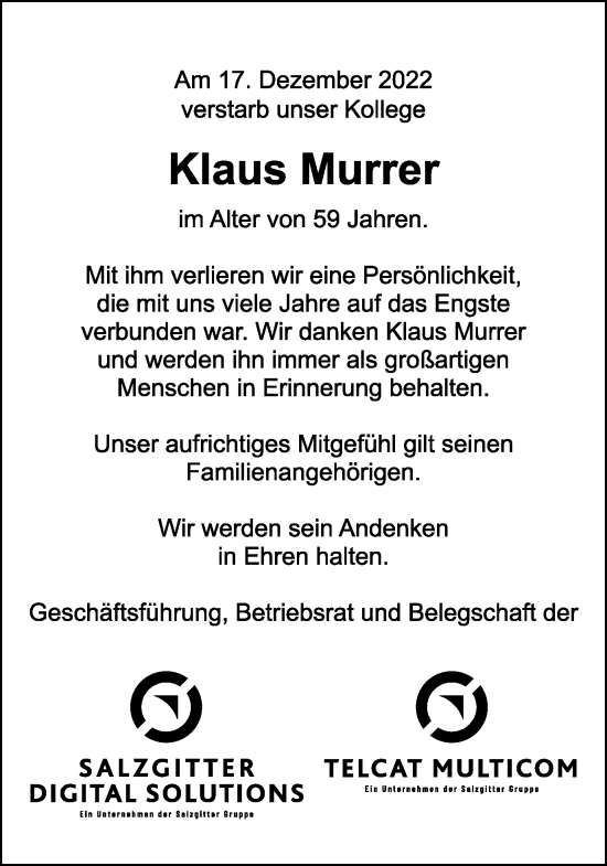 Traueranzeige von Klaus Murrer von Wolfenbütteler Zeitung