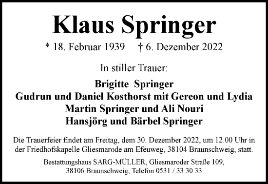 Traueranzeige von Klaus Springer von Braunschweiger Zeitung