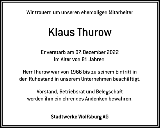 Traueranzeige von Klaus Thurow von Wolfsburger Nachrichten