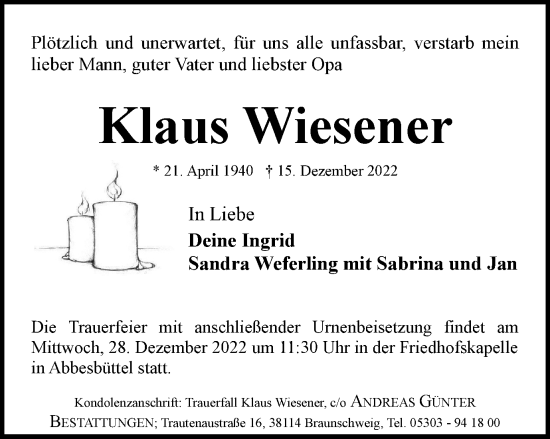 Traueranzeige von Klaus Wiesener von Braunschweiger Zeitung