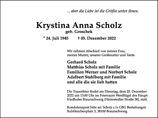 Traueranzeige von Krystina Anna Scholz von Braunschweiger Zeitung