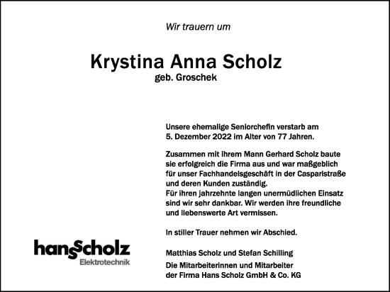 Traueranzeige von Krystina Anna Scholz von Braunschweiger Zeitung