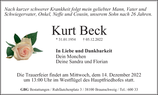 Traueranzeige von Kurt Beck von Braunschweiger Zeitung
