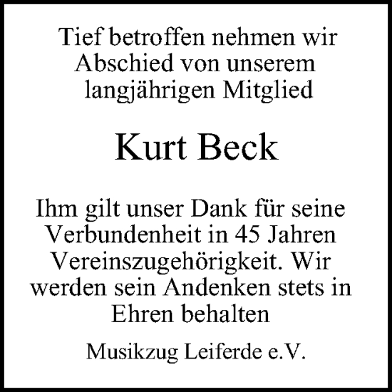 Traueranzeige von Kurt Beck von Braunschweiger Zeitung