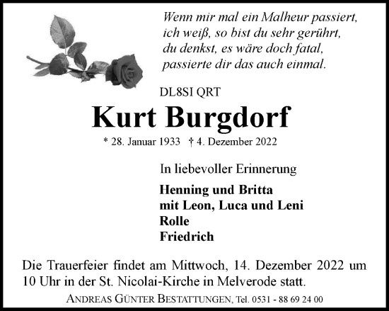 Traueranzeige von Kurt Burgdorf von Braunschweiger Zeitung