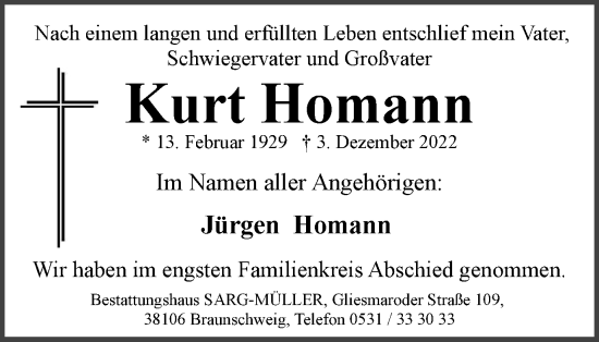 Traueranzeige von Kurt Homann von Braunschweiger Zeitung