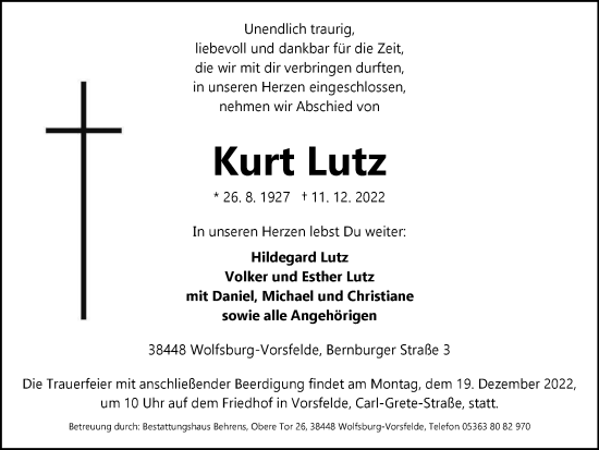 Traueranzeige von Kurt Lutz von Wolfsburger Nachrichten